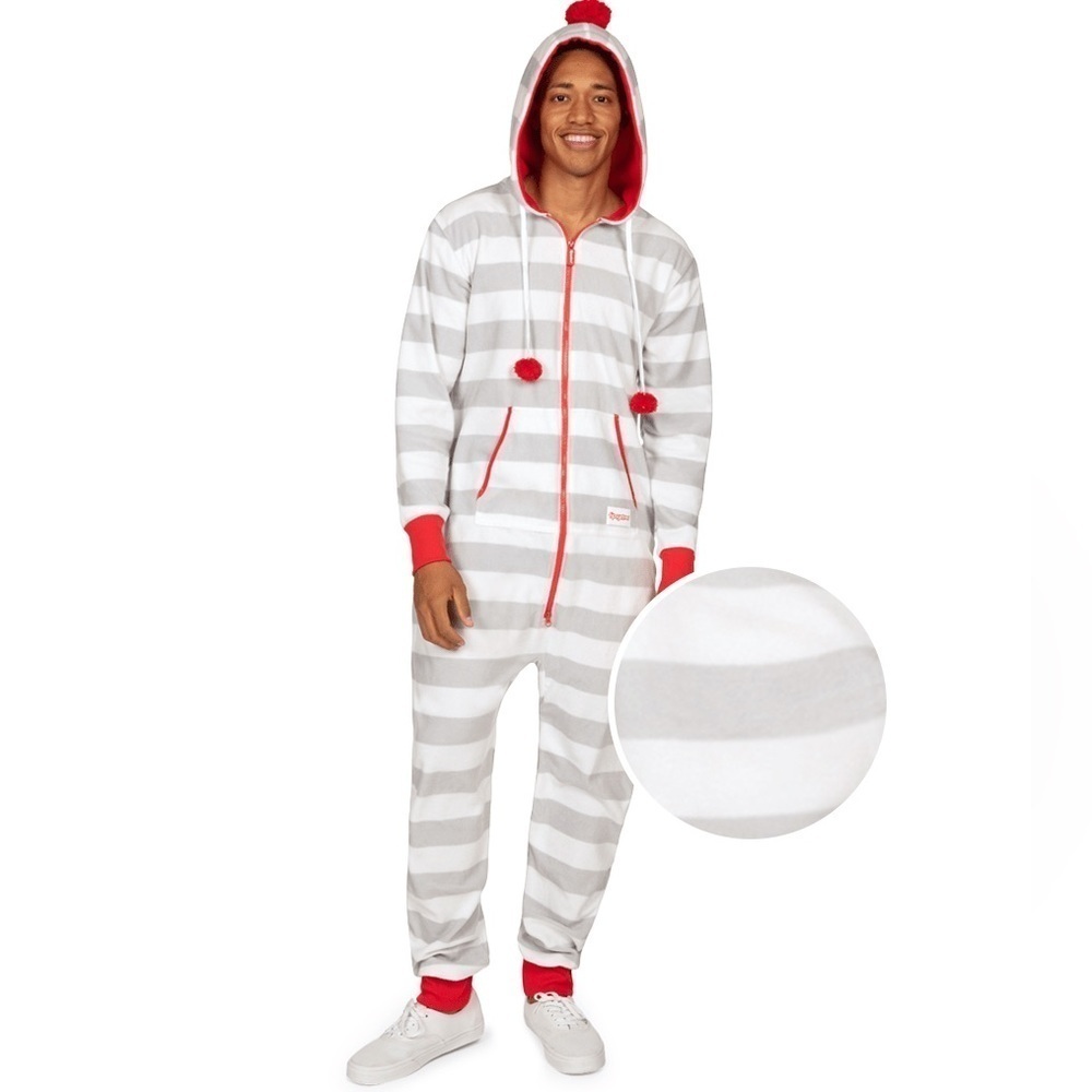 Tipsy Elves Men’s Stripes and Poms Fleece Onsie Jumpsuit Size M